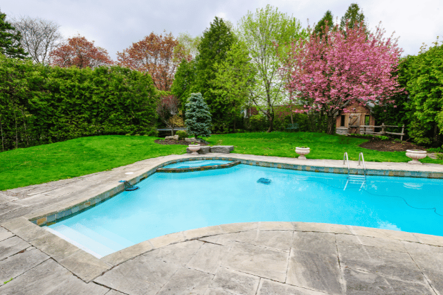 picture of a backyard with a pool and the trees that were recently trimmed in Eagle, ID